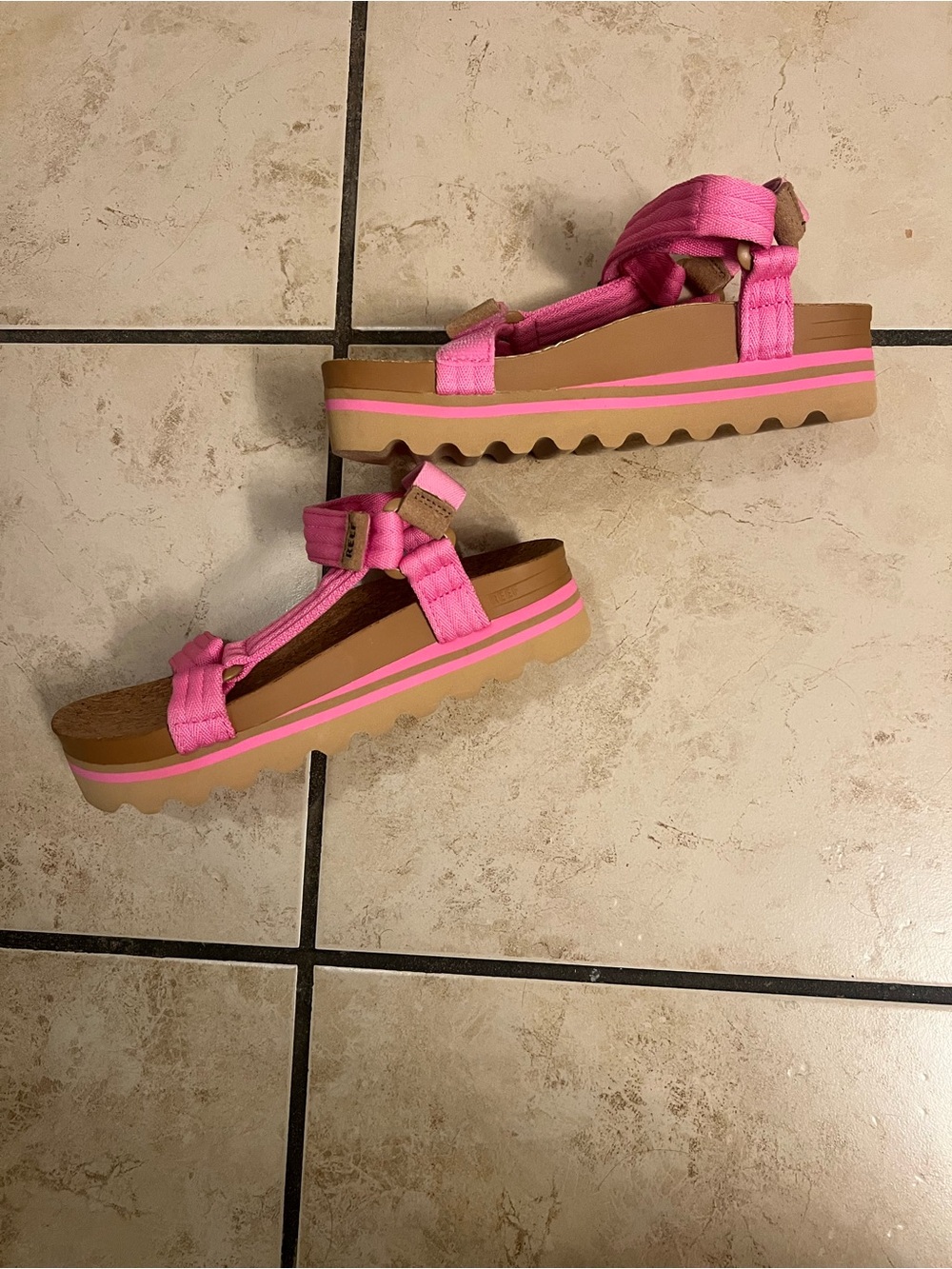 Reef Pink Strappy Cork Footbed Sandals - Picture 2 of 3